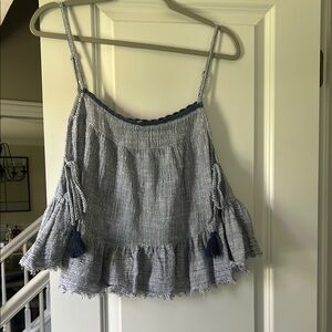 Aerie Cropped Babydoll Gauzy Open Side Blue and white Tank Top Size L